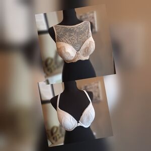VS Elegant Lace Women's Bra Set - White and Tan 34 DD